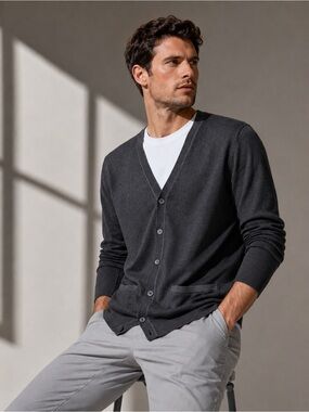 Greg Norman Men’s Cardigan Grey Long Sleeve V-Neck Sweater with Pockets, Medium